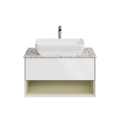 Тумба Plaza Modern/Плаза Модерн подвесная 80, нажимное открывание, 1 ящик, подсветка, белая матовая+шалфей