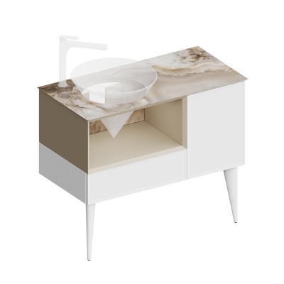 Тумба Cono/Коно подвесная с открытой полкой и ящиками 97, белая матовая-лимо Тумба Cono/Коно подвесная с открытой полкой и ящиками 97, белая матовая-лимо