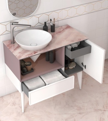 Тумба Cono/Коно подвесная с открытой полкой и ящиками 97, белая матовая-мальва Тумба Cono/Коно подвесная с открытой полкой и ящиками 97, белая матовая-мальва