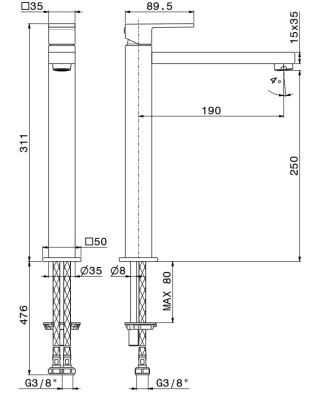 Смеситель для раковины FUTURA однорычажный, высокий, без донного клапана 3/8, матовый черный Смеситель для раковины FUTURA однорычажный, высокий, без донного клапана 3/8, матовый черный