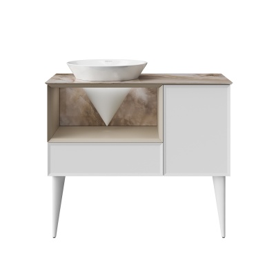 Тумба CONO подвесная с открытой полкой и ящиками 97, белая матовая-лимо Тумба CONO подвесная с открытой полкой и ящиками 97, белая матовая-лимо