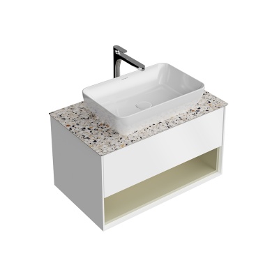 Тумба PLAZA Modern подвесная 80, push, 1 ящик, подсветка, белая матовая+шалфей