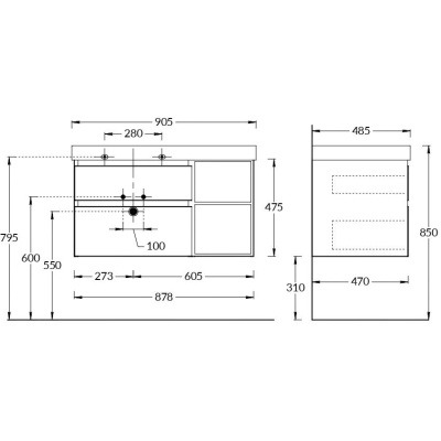 Тумба CUBO левая подвесная с ящиками 90, мальва матовая-древесная