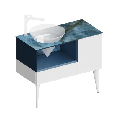 Тумба CONO подвесная с открытой полкой и ящиками 97, белая матовая-синяя Тумба CONO подвесная с открытой полкой и ящиками 97, белая матовая-синяя