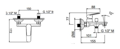 Смеситель для ванны NOTA настенный с дивертором ванна/душ, без лейки, хром