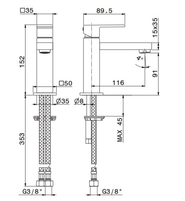 Смеситель для раковины FUTURA однорычажный, без донного клапана 3/8, хром Смеситель для раковины FUTURA однорычажный, без донного клапана 3/8, хром