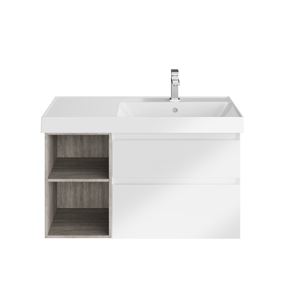 Тумба CUBO правая подвесная с ящиками 90, белая глянцевая-древесная