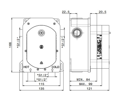 Универсальная внутренняя часть для термостатического смесителя на два потока для душа