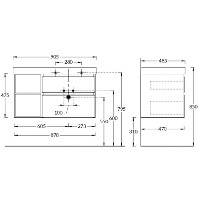 Тумба CUBO правая подвесная с ящиками 90, белая глянцевая-древесная