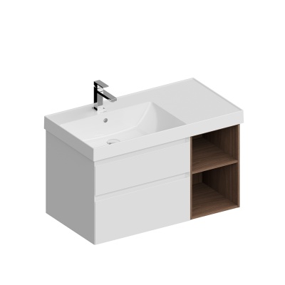 Тумба CUBO левая подвесная с ящиками 90, белая матовая-структ.орех